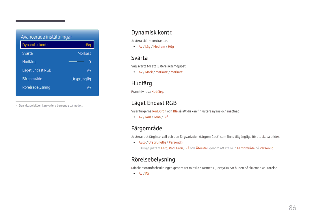 Samsung LH37SHFPLBB/EN manual Dynamisk kontr, Svärta, Hudfärg, Läget Endast RGB, Färgområde, Rörelsebelysning 