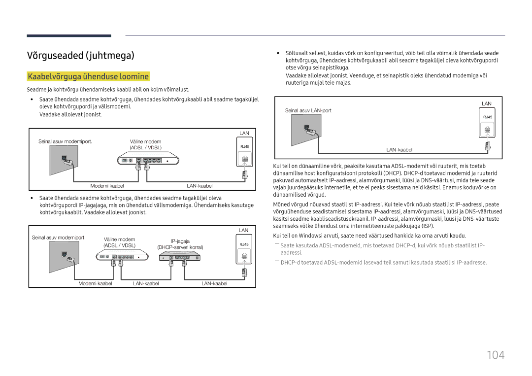 Samsung LH37SHFPLBB/EN manual 104, Võrguseaded juhtmega, Kaabelvõrguga ühenduse loomine 