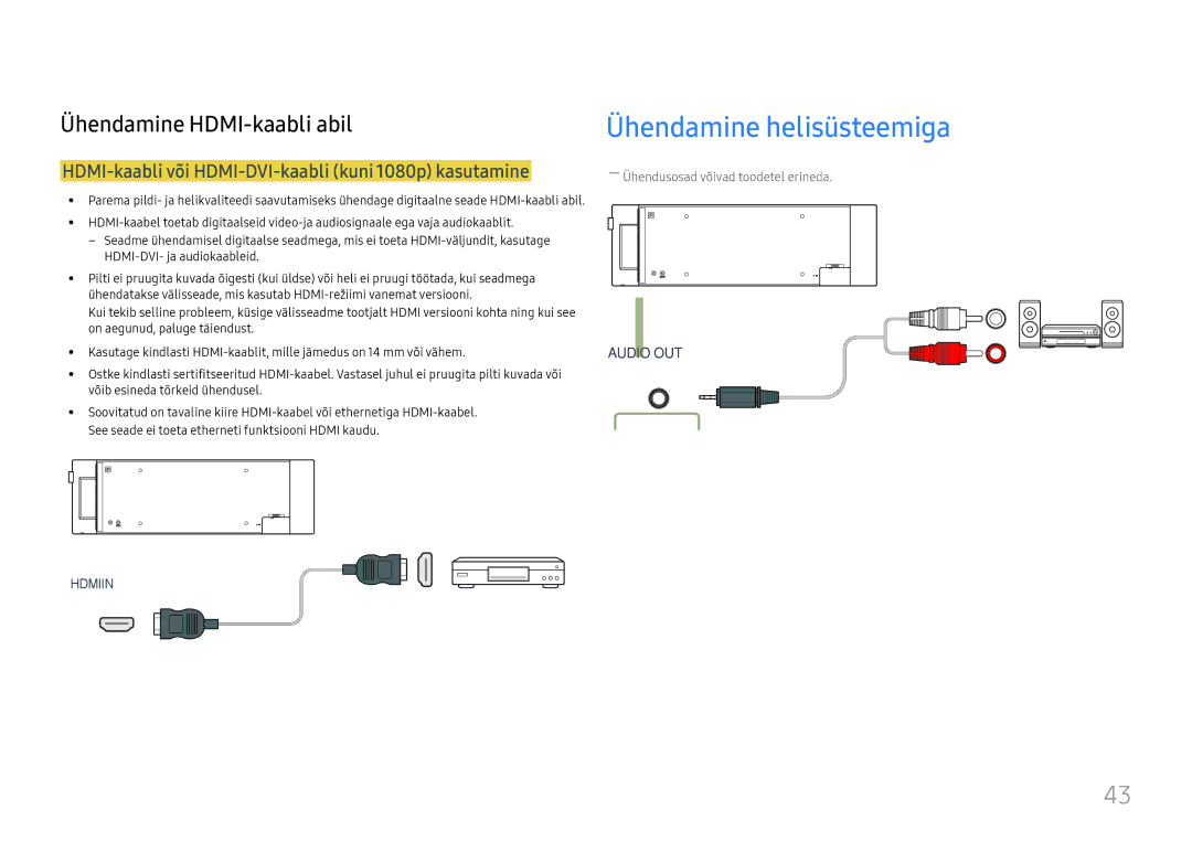 Samsung LH37SHFPLBB/EN manual Ühendamine helisüsteemiga, HDMI-kaabli või HDMI-DVI-kaabli kuni 1080p kasutamine 