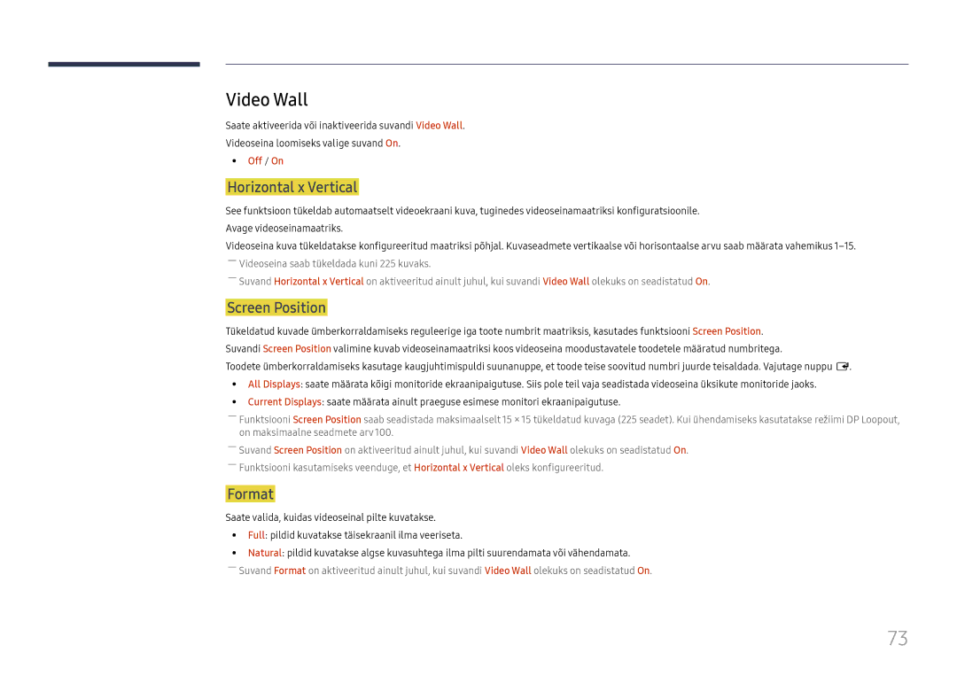 Samsung LH37SHFPLBB/EN manual Video Wall, Horizontal x Vertical, Screen Position, Format, Off / On 