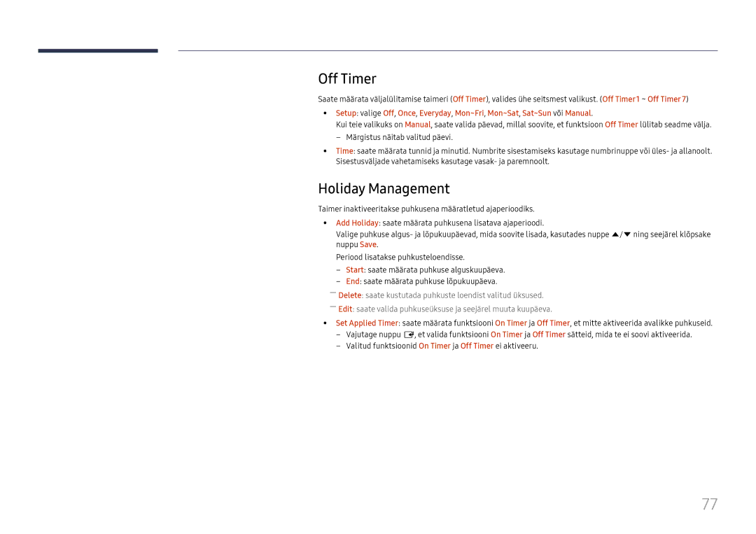 Samsung LH37SHFPLBB/EN manual Off Timer, Holiday Management 