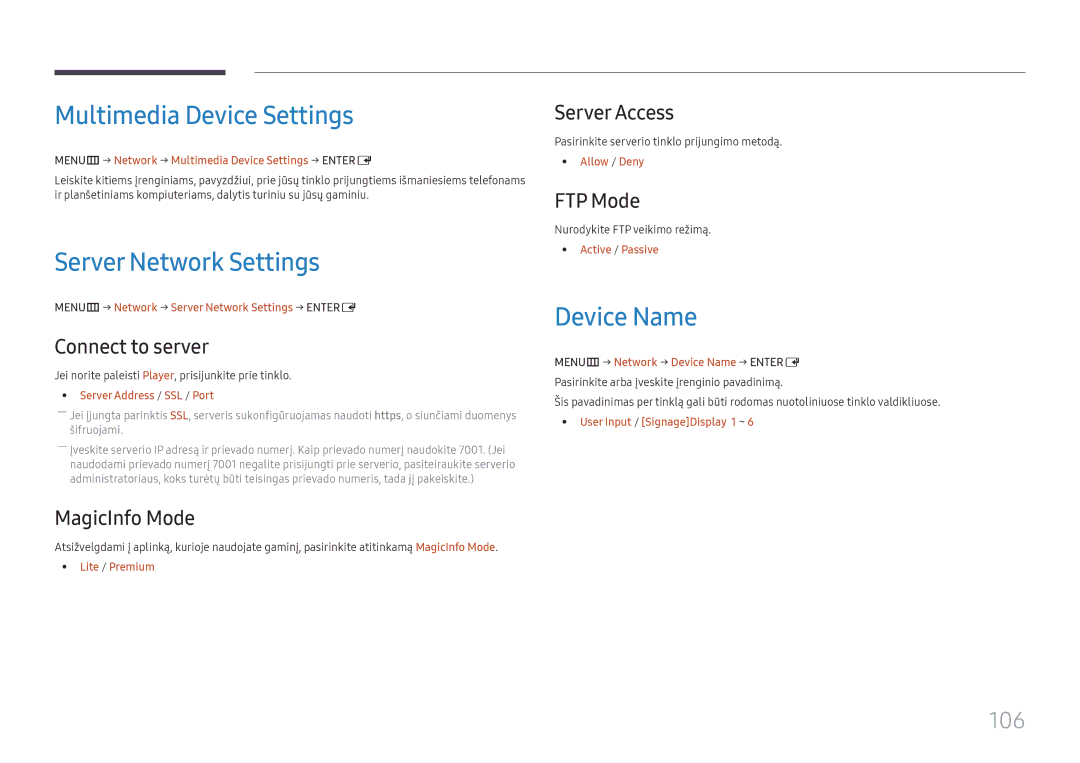 Samsung LH37SHFPLBB/EN manual Multimedia Device Settings, Server Network Settings, Device Name, 106 