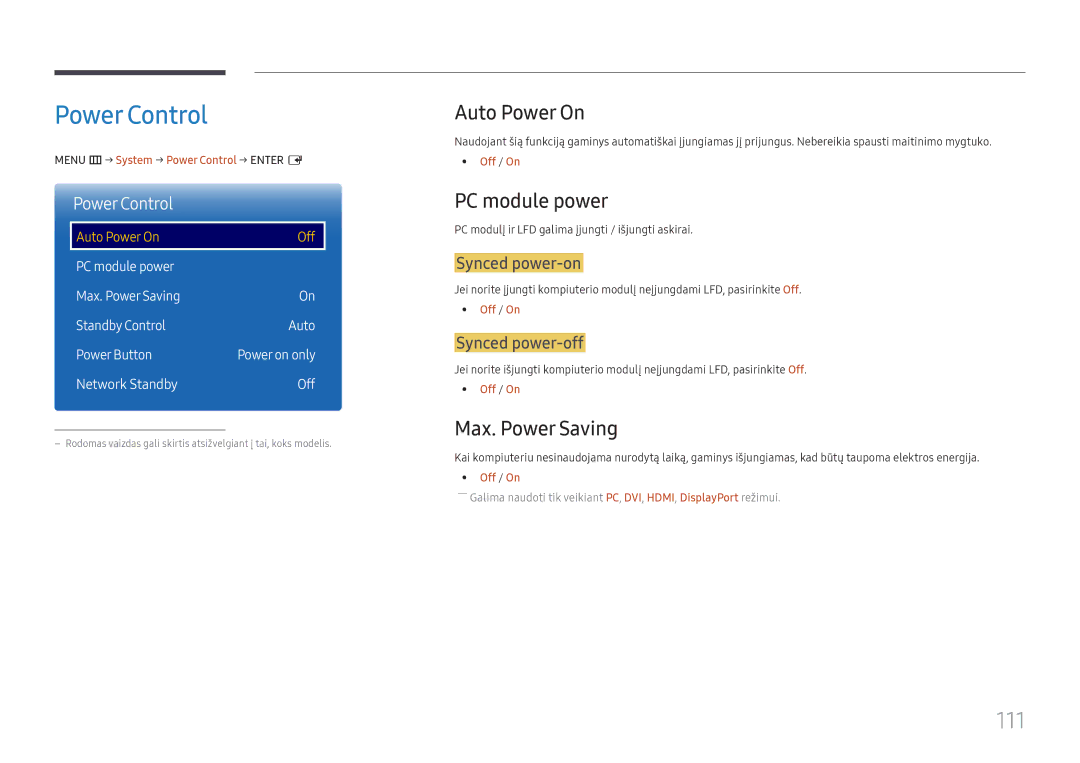 Samsung LH37SHFPLBB/EN manual Power Control, 111, Auto Power On, PC module power, Max. Power Saving 
