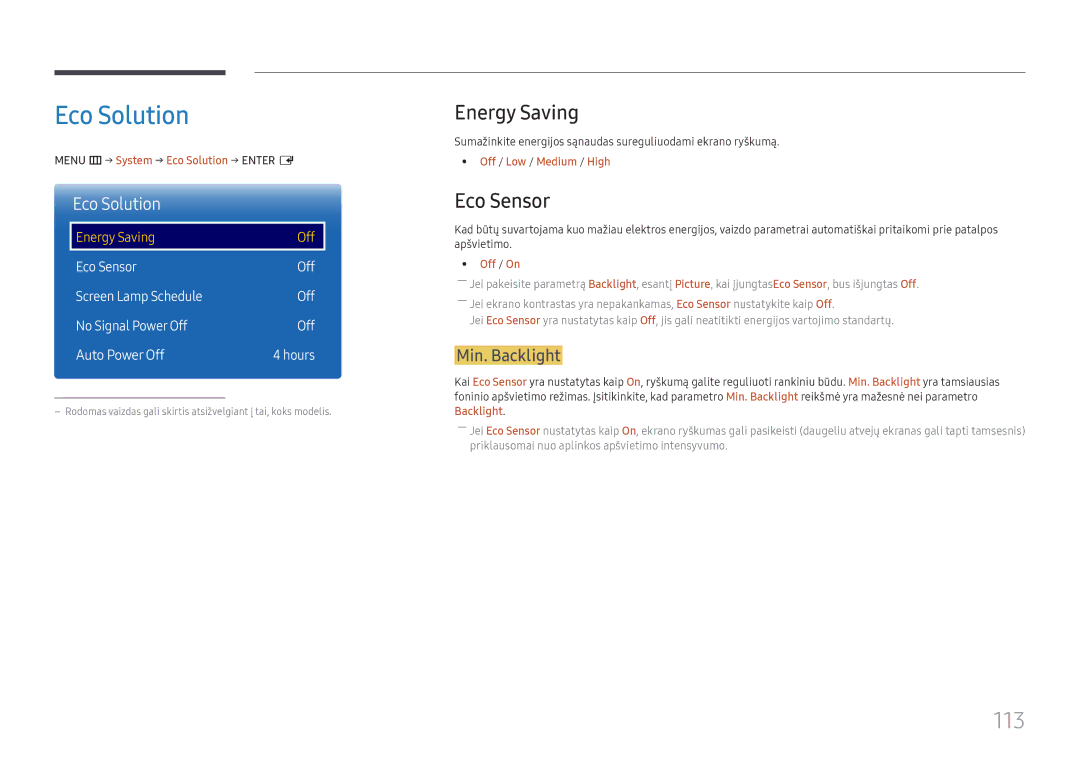 Samsung LH37SHFPLBB/EN manual Eco Solution, 113, Energy Saving, Eco Sensor 