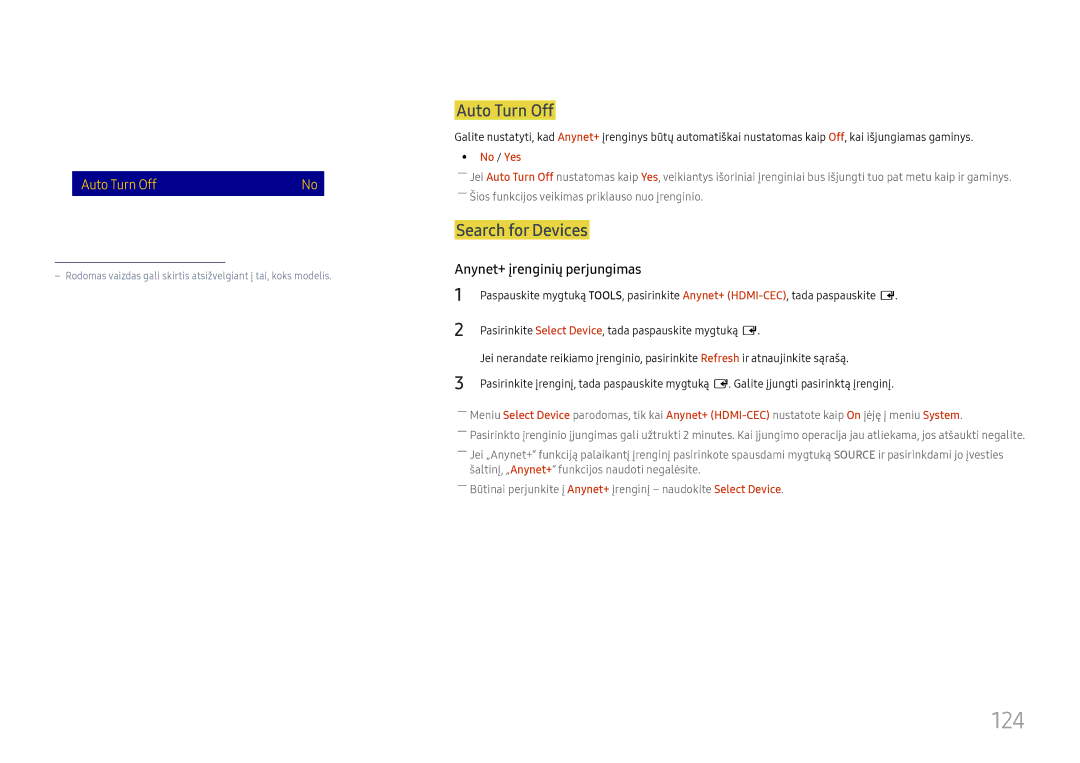 Samsung LH37SHFPLBB/EN manual 124, Anynet+ HDMI-CEC, Auto Turn Off, Search for Devices, No / Yes 
