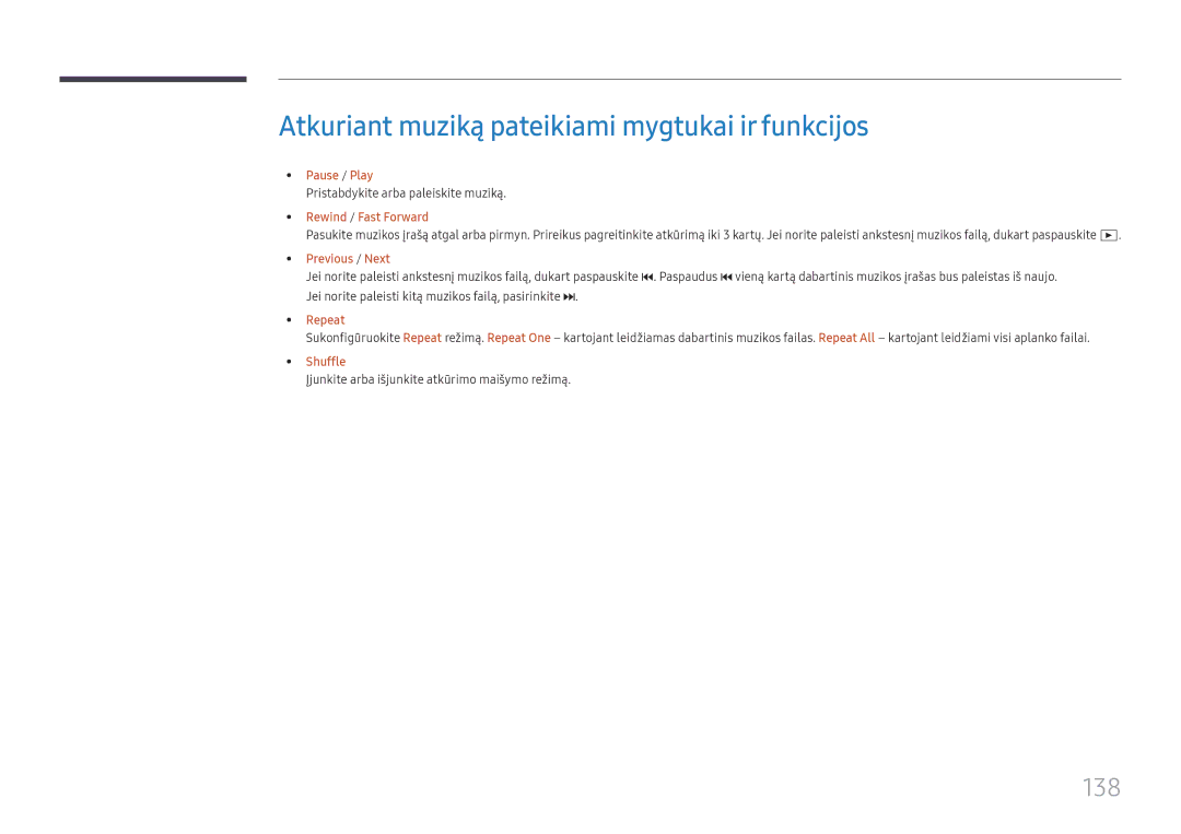 Samsung LH37SHFPLBB/EN manual Atkuriant muziką pateikiami mygtukai ir funkcijos, 138, Pristabdykite arba paleiskite muziką 