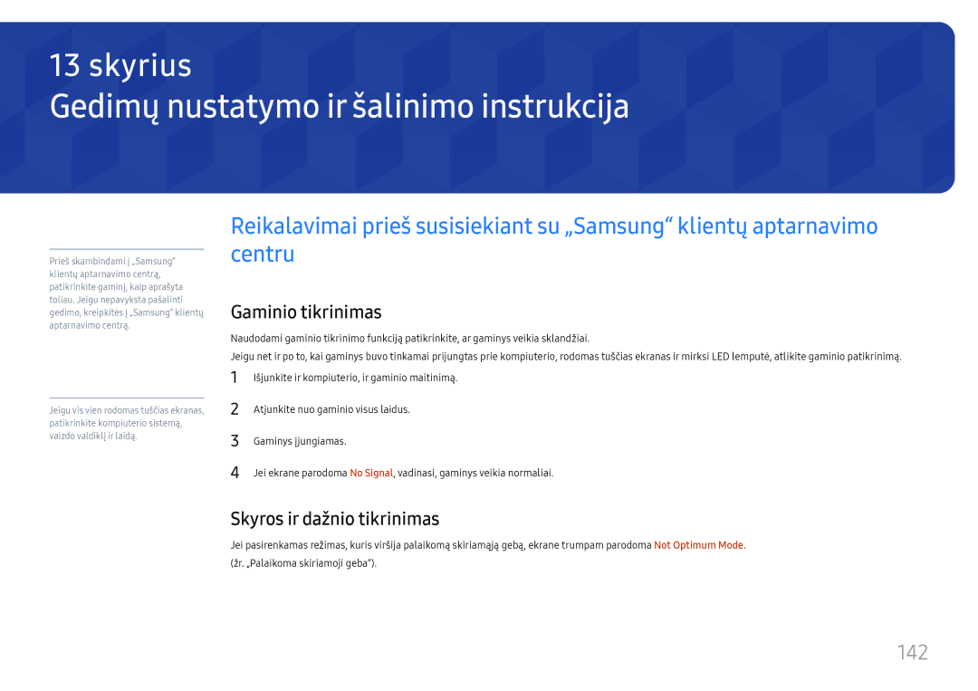 Samsung LH37SHFPLBB/EN Gedimų nustatymo ir šalinimo instrukcija, 142, Gaminio tikrinimas, Skyros ir dažnio tikrinimas 