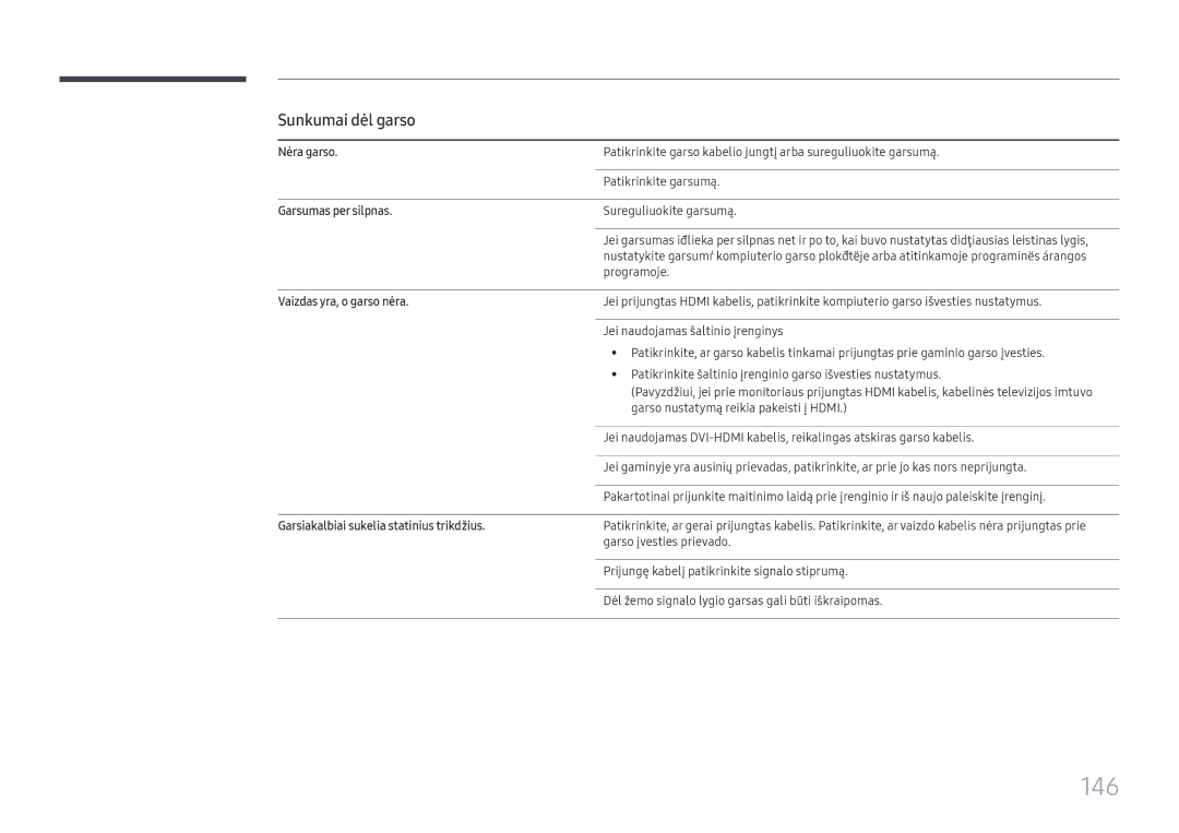 Samsung LH37SHFPLBB/EN manual 146, Sunkumai dėl garso 