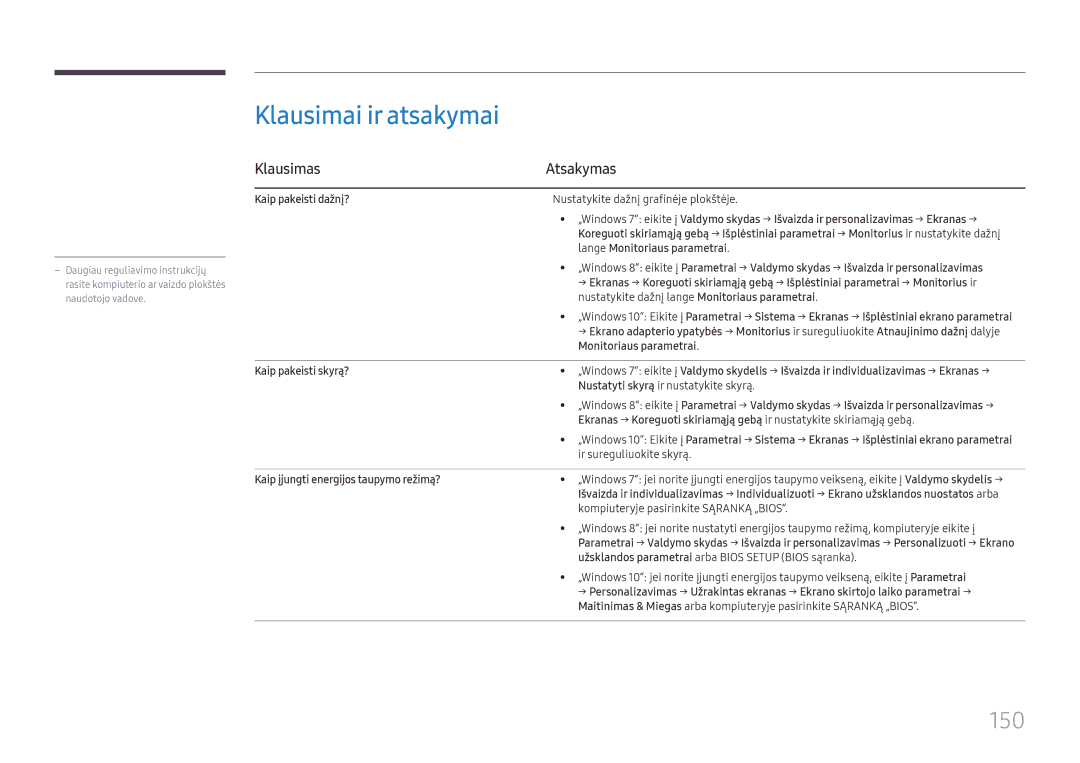 Samsung LH37SHFPLBB/EN manual Klausimai ir atsakymai, 150, Klausimas Atsakymas 