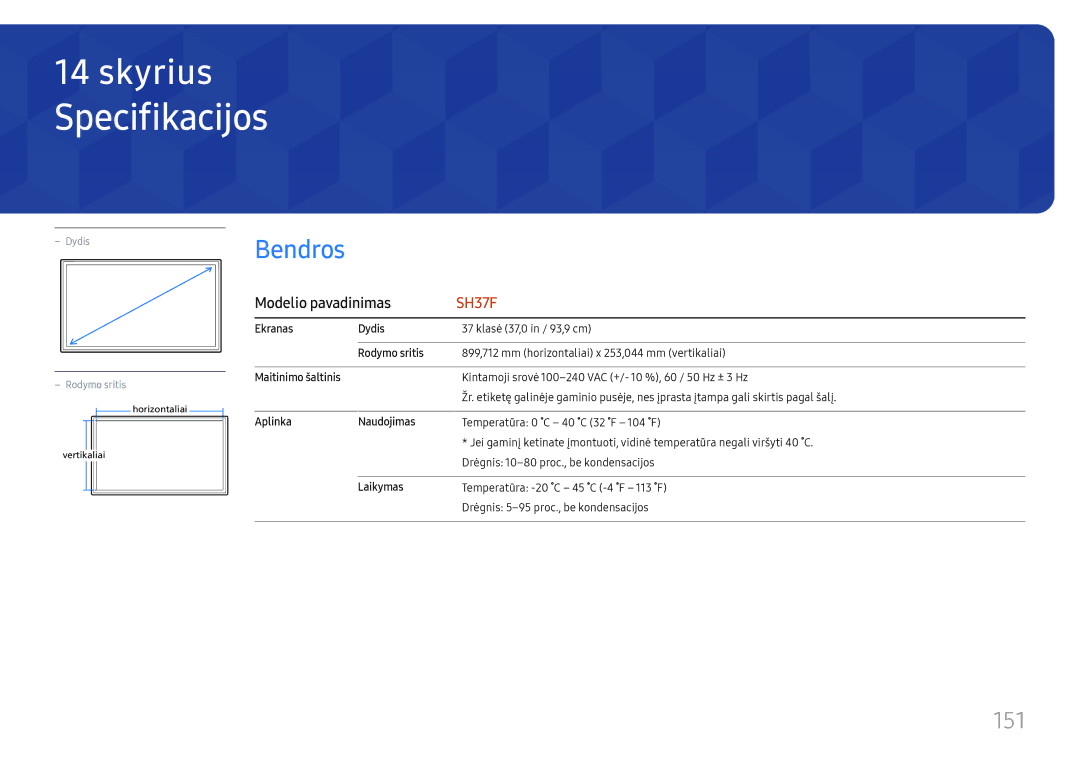 Samsung LH37SHFPLBB/EN manual Specifikacijos, Bendros, 151, Modelio pavadinimas 