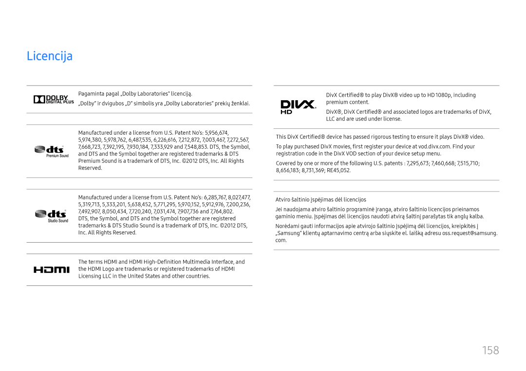 Samsung LH37SHFPLBB/EN manual Licencija, 158, DTS and the Symbol together are registered trademarks & DTS, Reserved 