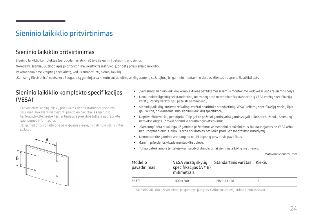 Samsung LH37SHFPLBB/EN manual Sieninio laikiklio pritvirtinimas, Sieninio laikiklio komplekto specifikacijos Vesa 