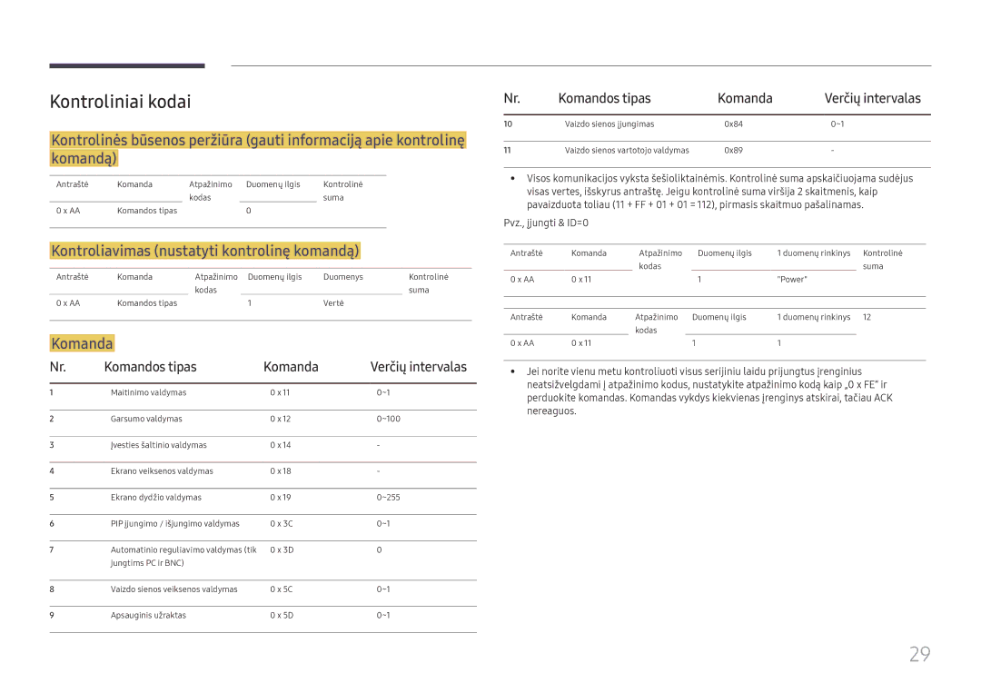 Samsung LH37SHFPLBB/EN manual Kontroliniai kodai, Kontroliavimas nustatyti kontrolinę komandą, Komandos tipas Komanda 