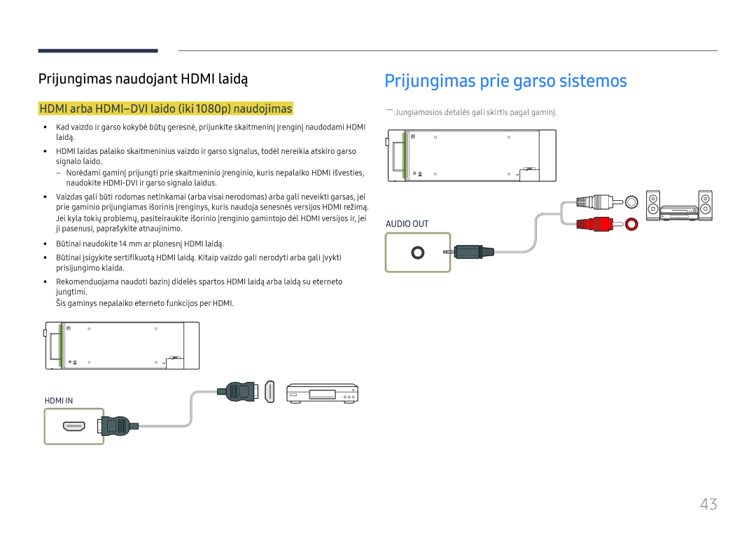 Samsung LH37SHFPLBB/EN manual Prijungimas prie garso sistemos, Hdmi arba HDMI-DVI laido iki 1080p naudojimas 