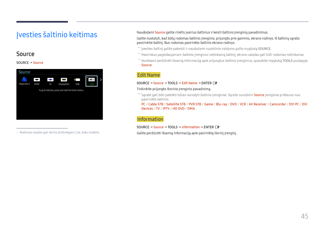 Samsung LH37SHFPLBB/EN manual Įvesties šaltinio keitimas, Source, Edit Name, Information 