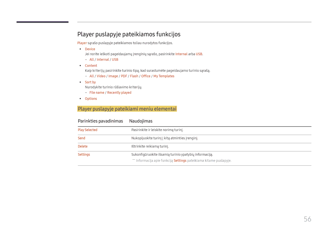 Samsung LH37SHFPLBB/EN Player puslapyje pateikiamos funkcijos, Player puslapyje pateikiami meniu elementai, Naudojimas 
