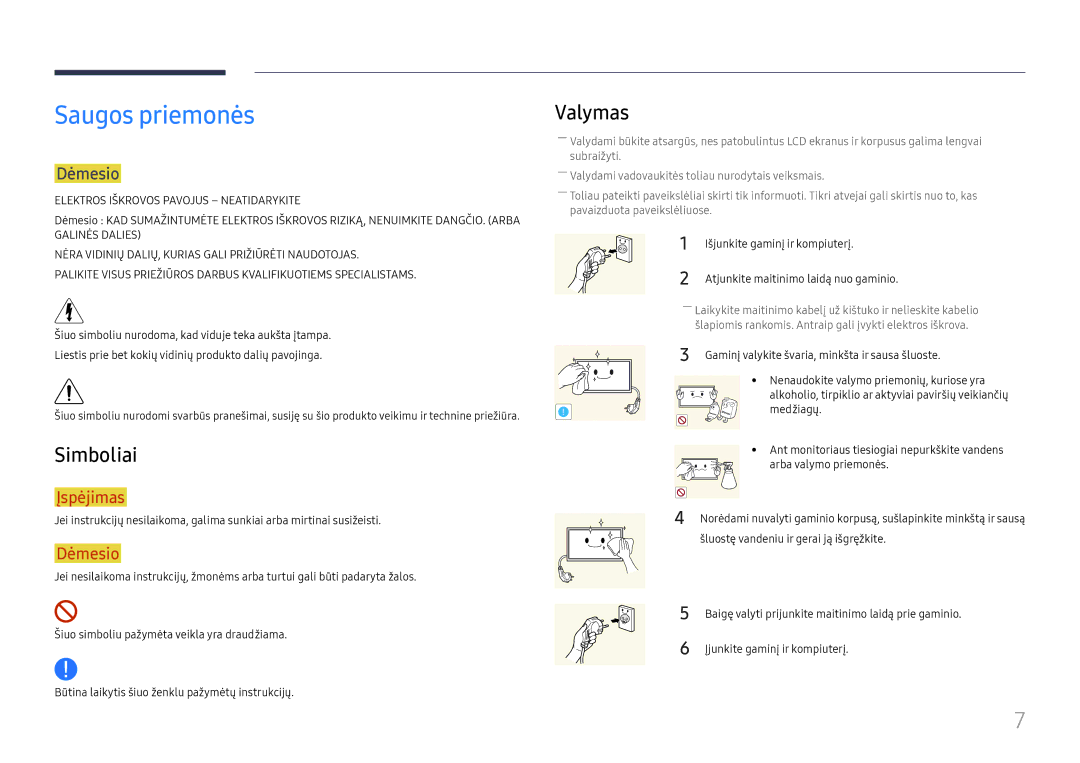 Samsung LH37SHFPLBB/EN manual Saugos priemonės, Simboliai, Valymas, Dėmesio, Įjunkite gaminį ir kompiuterį 