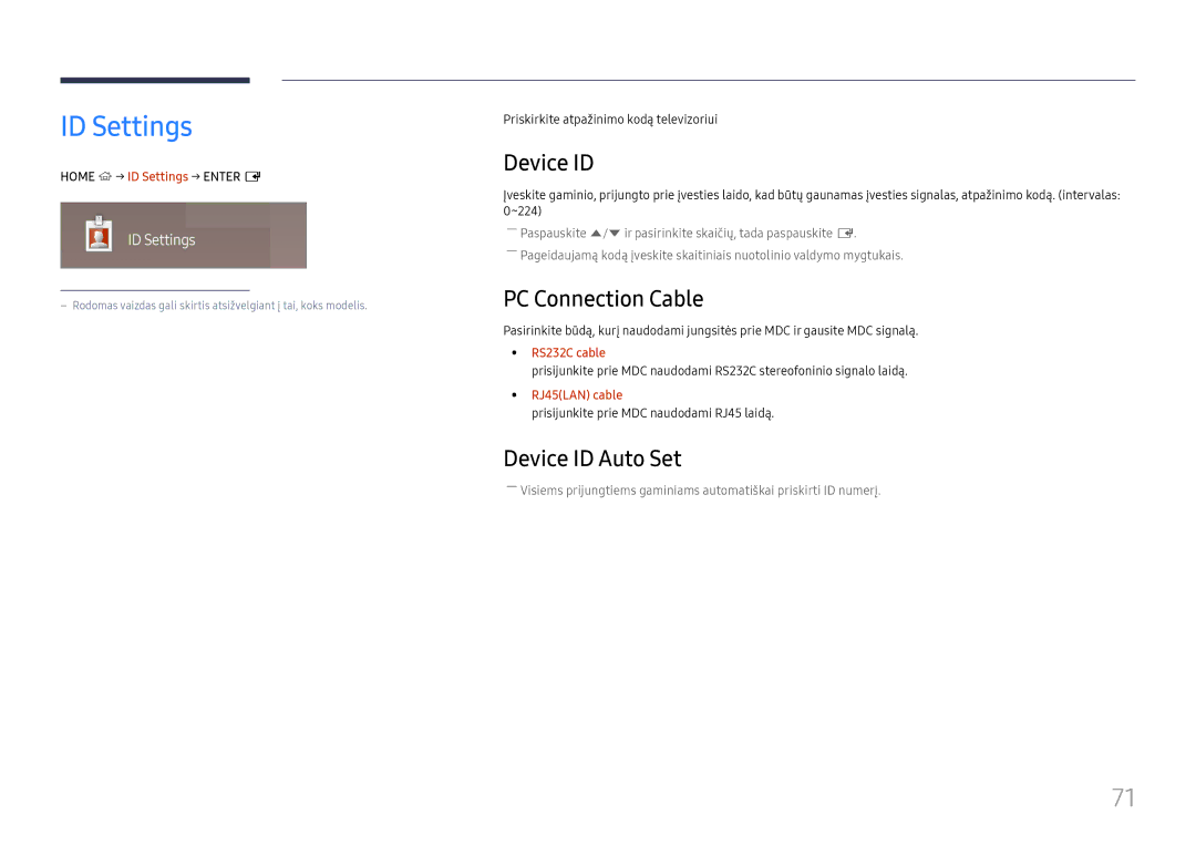 Samsung LH37SHFPLBB/EN manual ID Settings, PC Connection Cable, Device ID Auto Set 