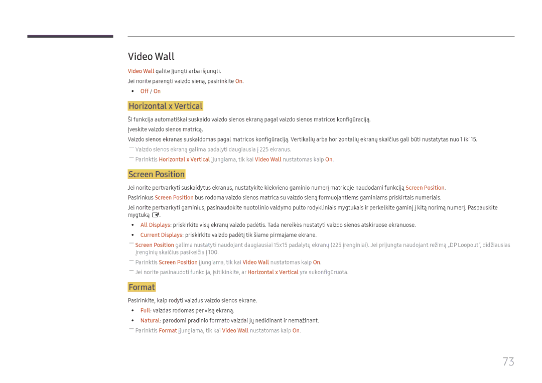 Samsung LH37SHFPLBB/EN manual Video Wall, Horizontal x Vertical, Screen Position, Format, Off / On 