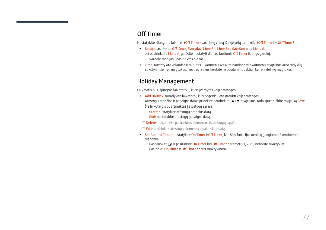 Samsung LH37SHFPLBB/EN manual Off Timer, Holiday Management 