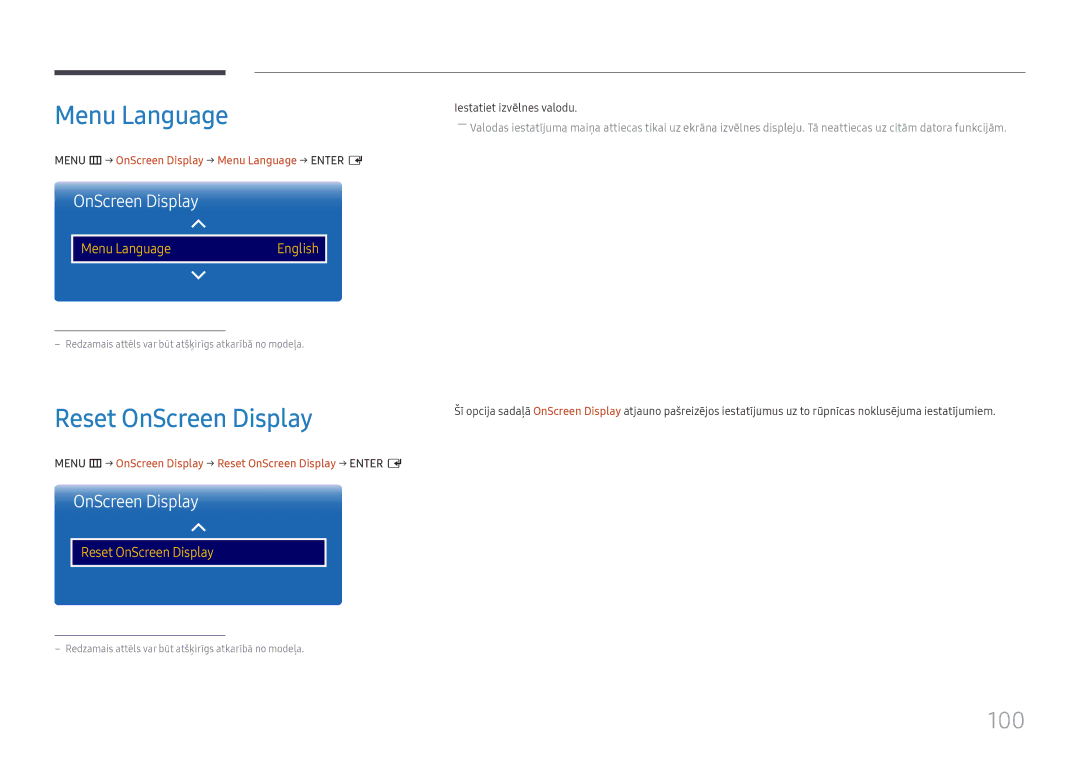 Samsung LH37SHFPLBB/EN manual Reset OnScreen Display, 100, Menu m → OnScreen Display → Menu Language → Enter E 