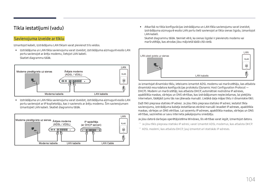 Samsung LH37SHFPLBB/EN manual 104, Tīkla iestatījumi vadu, Savienojuma izveide ar tīklu 