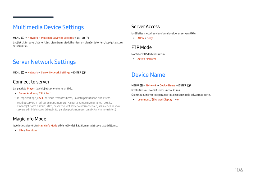 Samsung LH37SHFPLBB/EN manual Multimedia Device Settings, Server Network Settings, Device Name, 106 