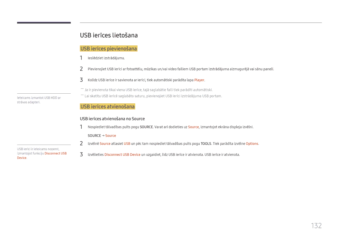 Samsung LH37SHFPLBB/EN manual 132, USB ierīces lietošana, USB ierīces pievienošana, USB ierīces atvienošana 
