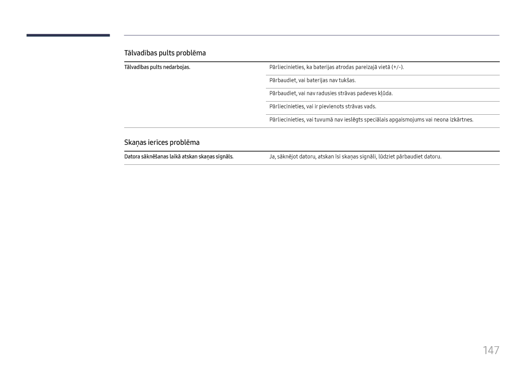 Samsung LH37SHFPLBB/EN manual 147, Tālvadības pults problēma, Skaņas ierīces problēma, Tālvadības pults nedarbojas 