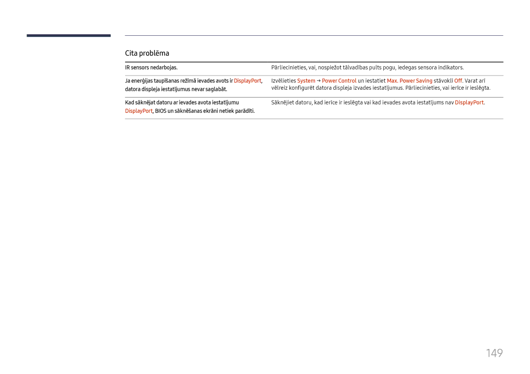 Samsung LH37SHFPLBB/EN manual 149, IR sensors nedarbojas, Datora displeja iestatījumus nevar saglabāt 