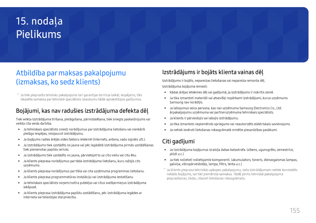 Samsung LH37SHFPLBB/EN manual Pielikums, 155, Izstrādājums ir bojāts klienta vainas dēļ, Citi gadījumi 