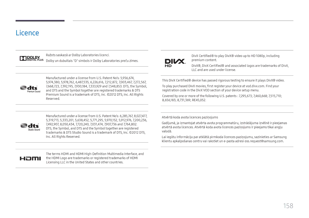 Samsung LH37SHFPLBB/EN manual Licence, 158, DTS and the Symbol together are registered trademarks & DTS, Reserved 