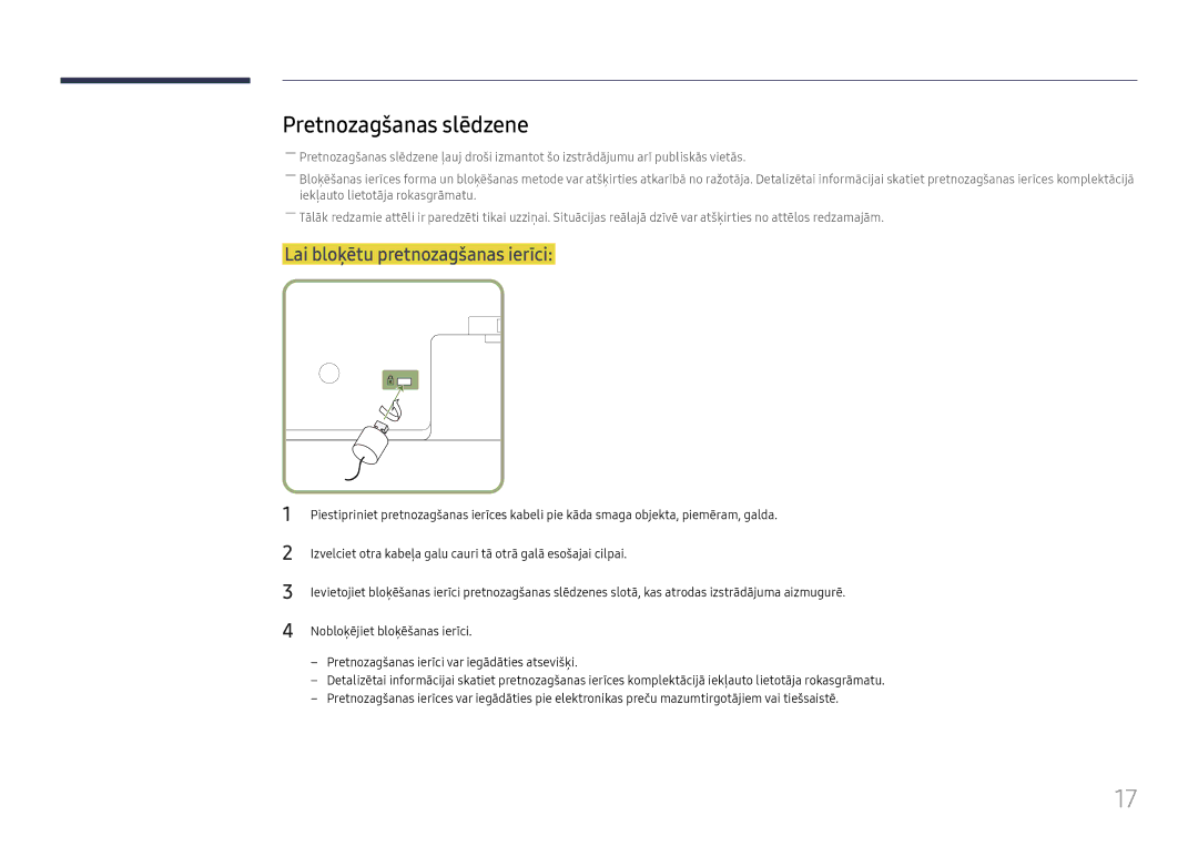 Samsung LH37SHFPLBB/EN manual Pretnozagšanas slēdzene, Lai bloķētu pretnozagšanas ierīci 