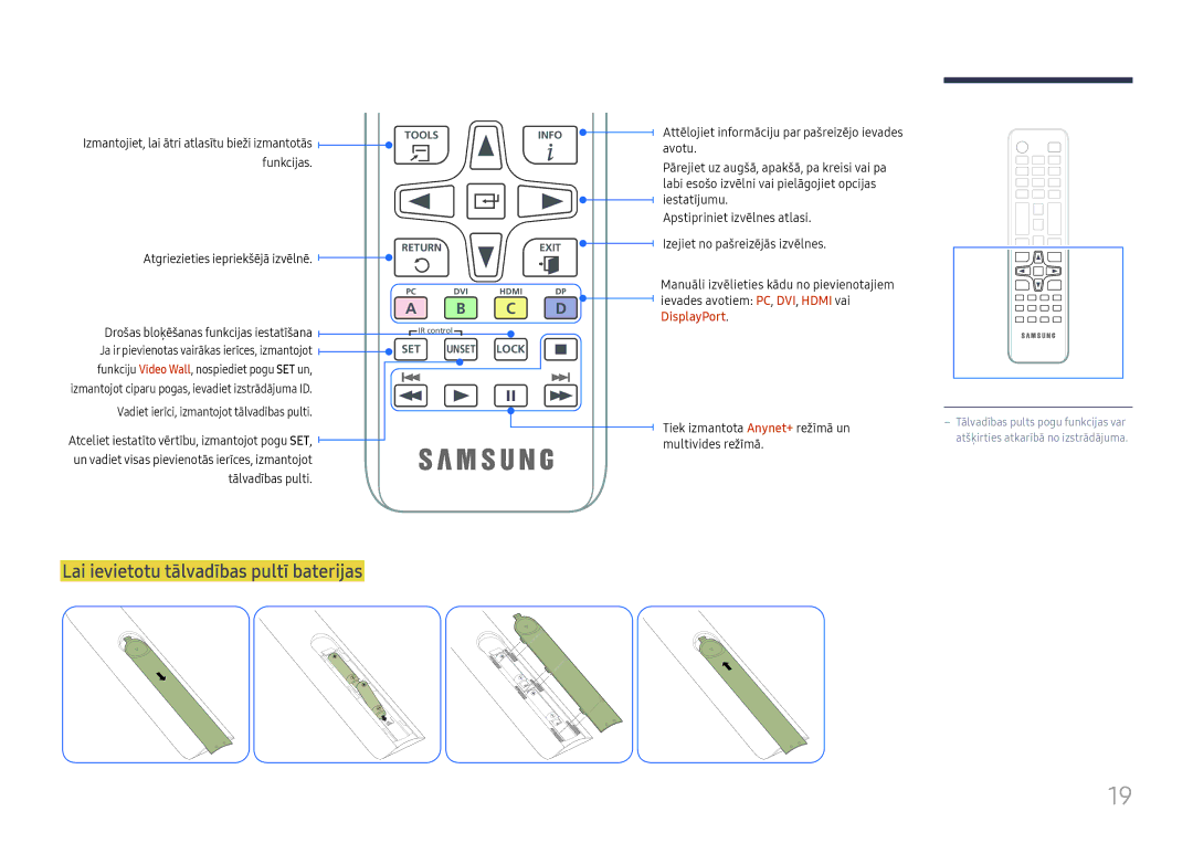 Samsung LH37SHFPLBB/EN manual Lai ievietotu tālvadības pultī baterijas, Funkcijas 