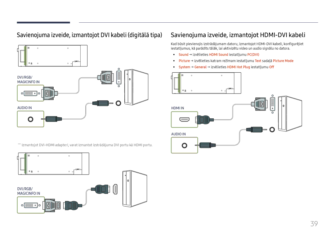 Samsung LH37SHFPLBB/EN manual Savienojuma izveide, izmantojot HDMI-DVI kabeli 