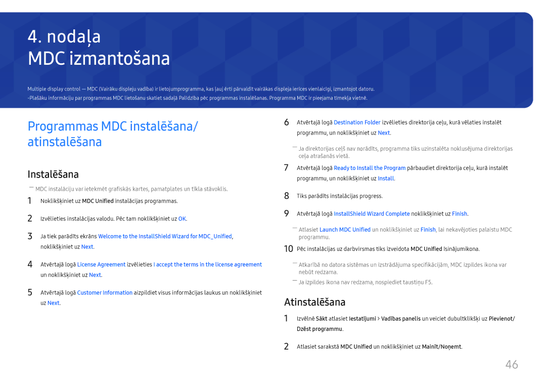 Samsung LH37SHFPLBB/EN manual MDC izmantošana, Programmas MDC instalēšana/ atinstalēšana, Atinstalēšana 