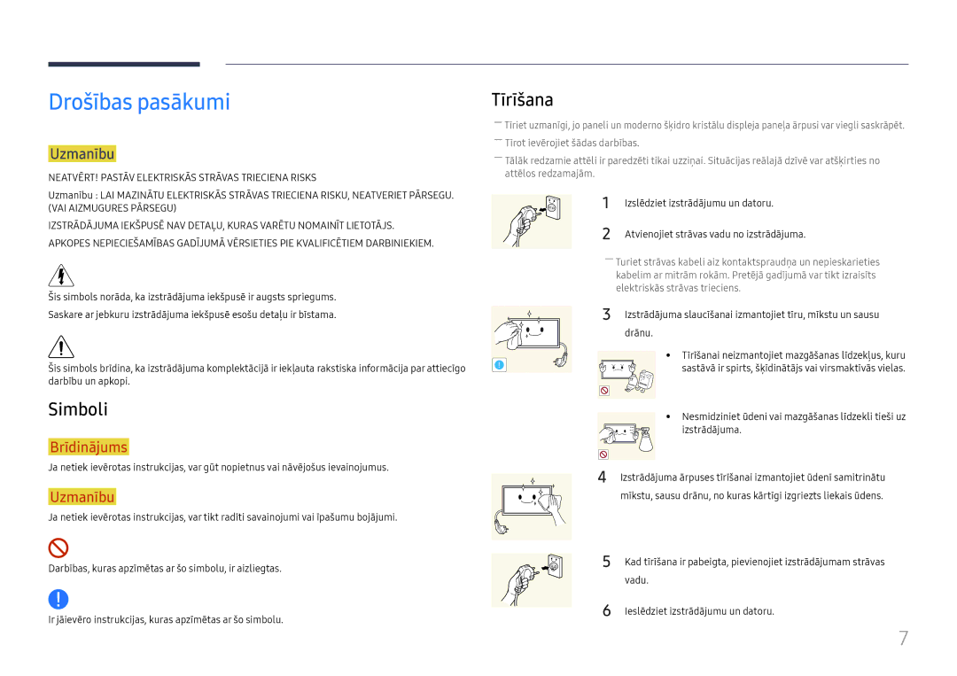 Samsung LH37SHFPLBB/EN manual Drošības pasākumi, Simboli, Tīrīšana, Uzmanību 