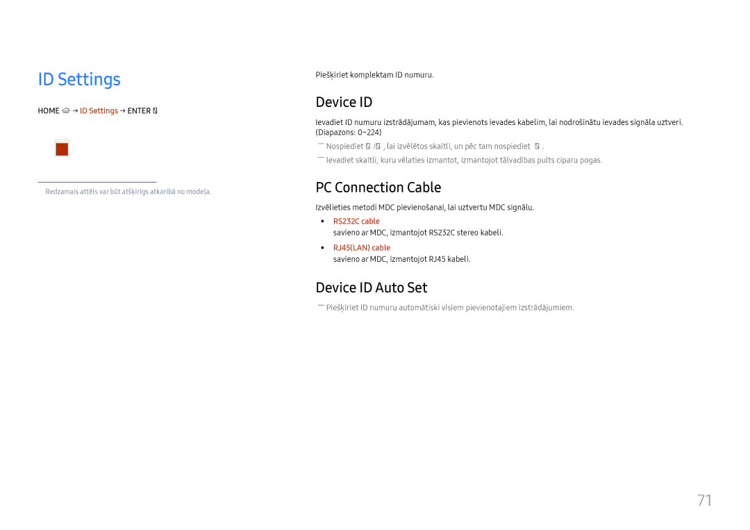 Samsung LH37SHFPLBB/EN manual ID Settings, PC Connection Cable, Device ID Auto Set 