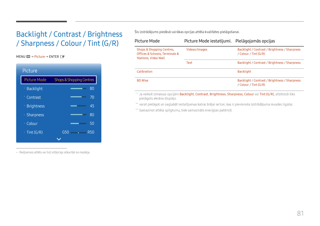 Samsung LH37SHFPLBB/EN manual Pielāgojamās opcijas, Picture Mode iestatījumi, Menu m → Picture → Enter E 