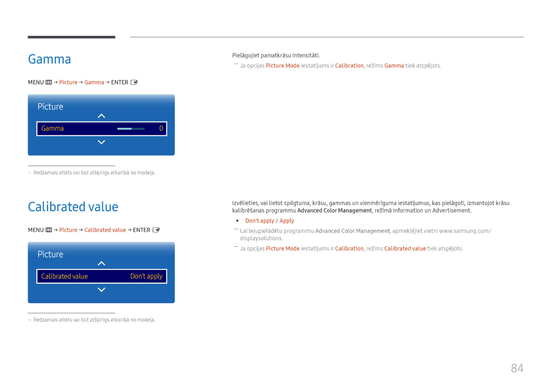 Samsung LH37SHFPLBB/EN manual Calibrated value, Menu m → Picture → Gamma → Enter E, Dont apply / Apply 