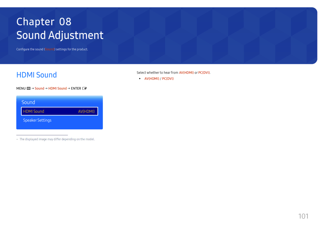 Samsung LH37SHFPLBB/CH, LH37SHFPLBB/UE, LH37SHFPLBB/NG Sound Adjustment, 101, Menu m → Sound → Hdmi Sound → Enter E 