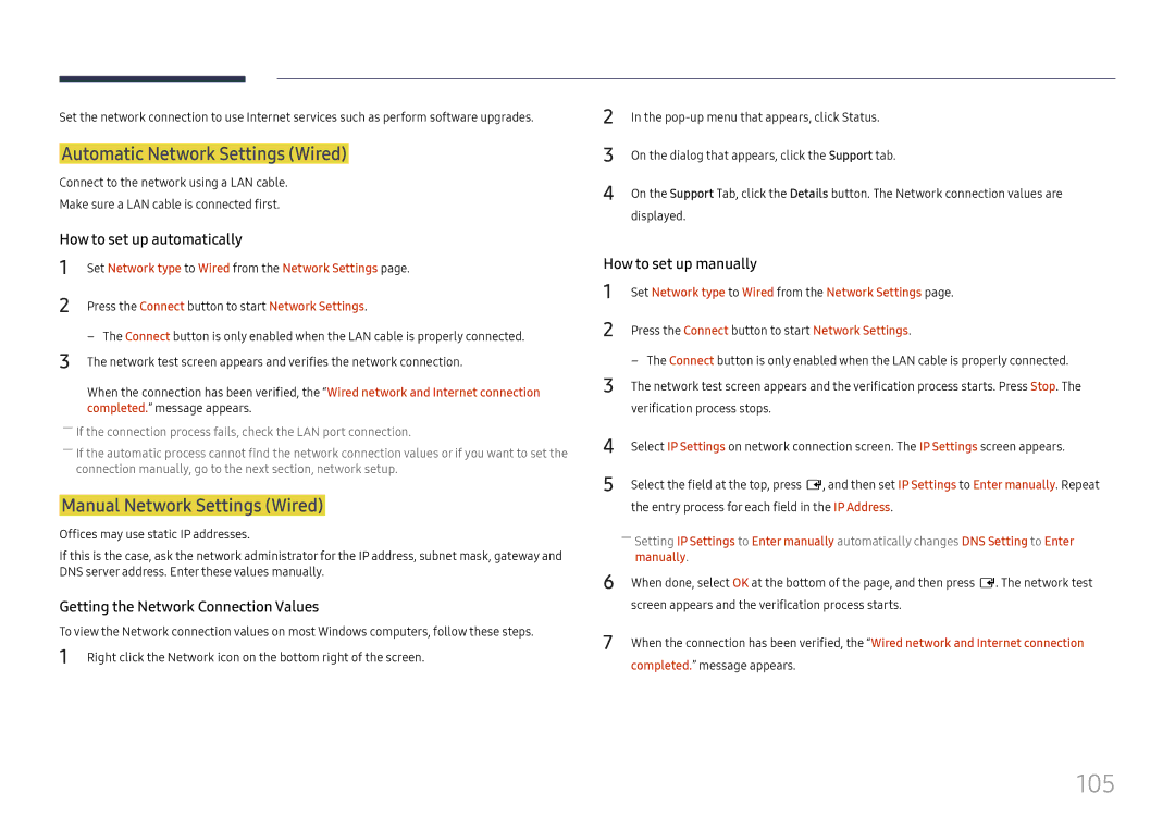 Samsung LH37SHFPLBB/UE, LH37SHFPLBB/NG manual 105, Automatic Network Settings Wired, Manual Network Settings Wired, Manually 