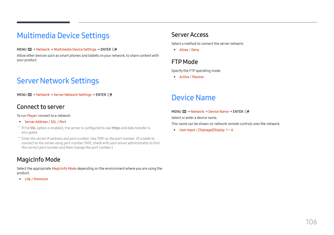 Samsung LH37SHFPLBB/NG, LH37SHFPLBB/UE manual Multimedia Device Settings, Server Network Settings, Device Name, 106 