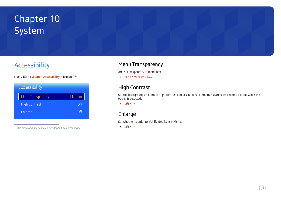 Samsung LH37SHFPLBB/CH, LH37SHFPLBB/UE, LH37SHFPLBB/NG manual System, Accessibility, 107 