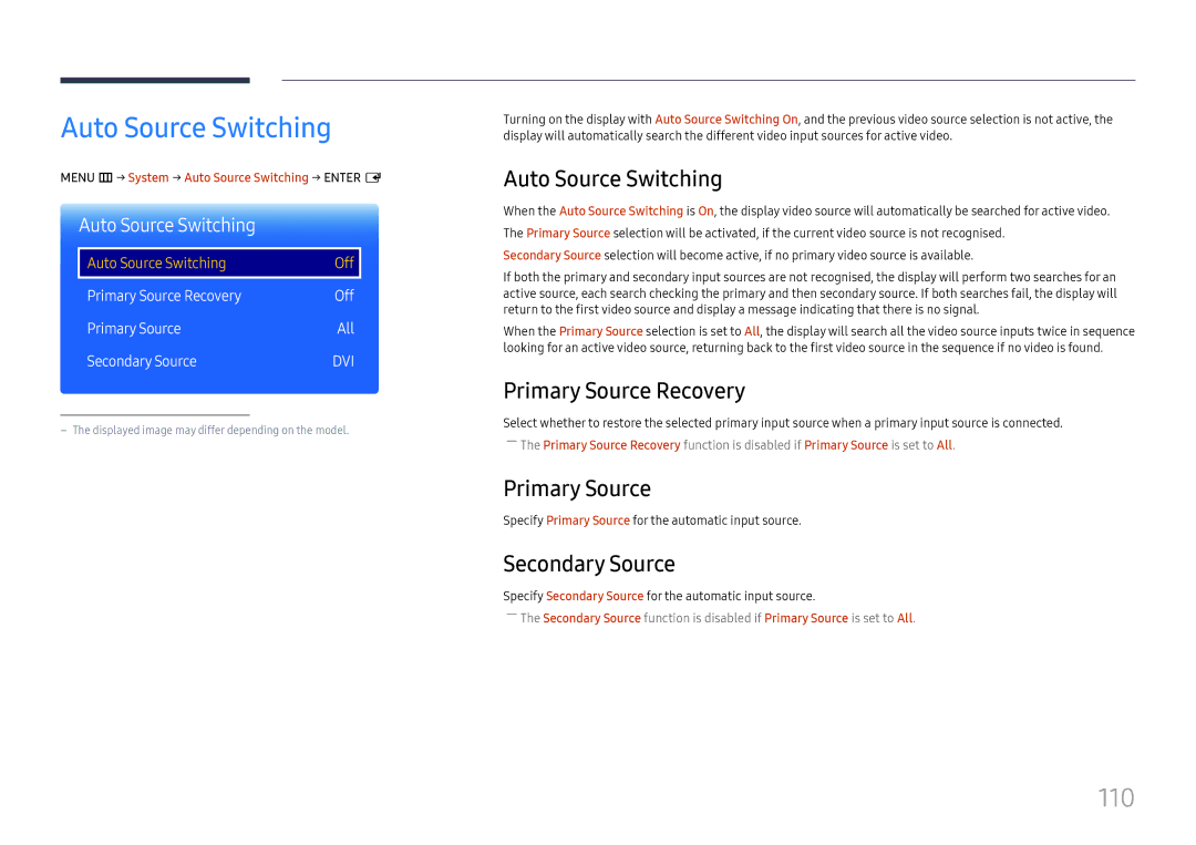 Samsung LH37SHFPLBB/CH, LH37SHFPLBB/UE, LH37SHFPLBB/NG manual Auto Source Switching, 110 