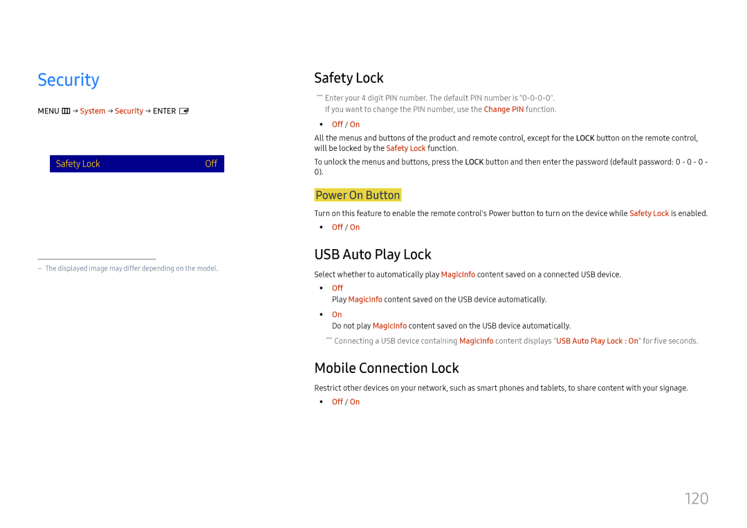 Samsung LH37SHFPLBB/UE, LH37SHFPLBB/NG manual Security, 120, Safety Lock, USB Auto Play Lock, Mobile Connection Lock 