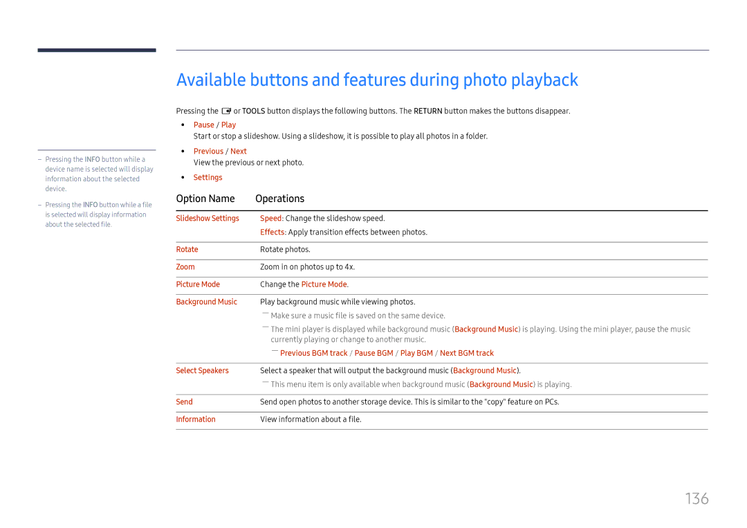 Samsung LH37SHFPLBB/NG, LH37SHFPLBB/UE, LH37SHFPLBB/CH manual Available buttons and features during photo playback, 136 