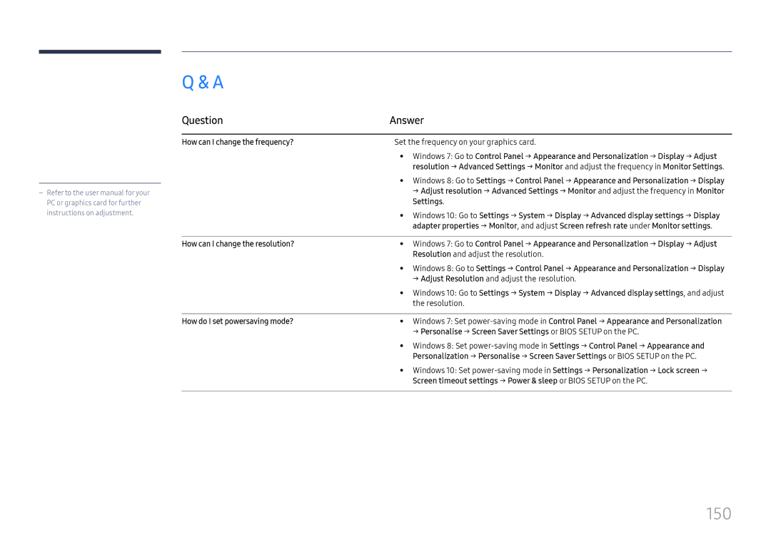 Samsung LH37SHFPLBB/UE manual 150, Question Answer, How can I change the resolution?, How do I set powersaving mode? 