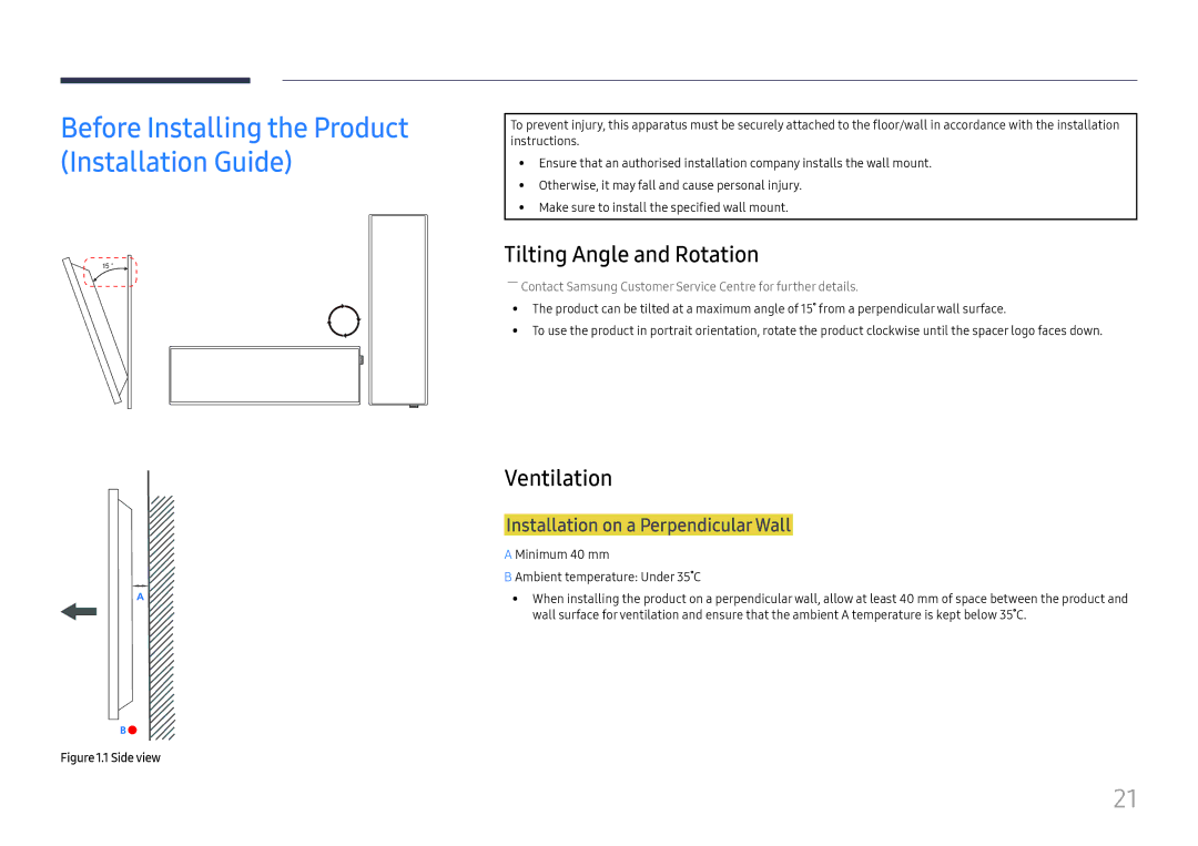 Samsung LH37SHFPLBB/UE, LH37SHFPLBB/NG manual Tilting Angle and Rotation, Ventilation, Installation on a Perpendicular Wall 