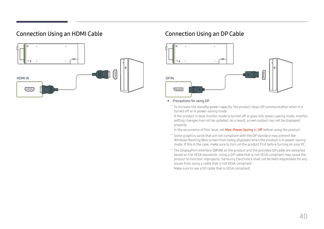 Samsung LH37SHFPLBB/NG, LH37SHFPLBB/UE, LH37SHFPLBB/CH manual Connection Using an Hdmi Cable, Connection Using an DP Cable 